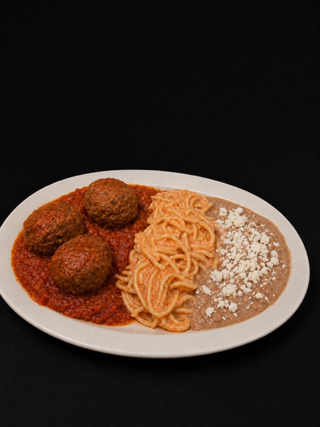 Meatball Rice and Beans Plate.